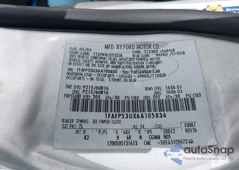 2006 Ford Taurus Se из США, поврежденный, VIN 1FAFP53UX6A105834